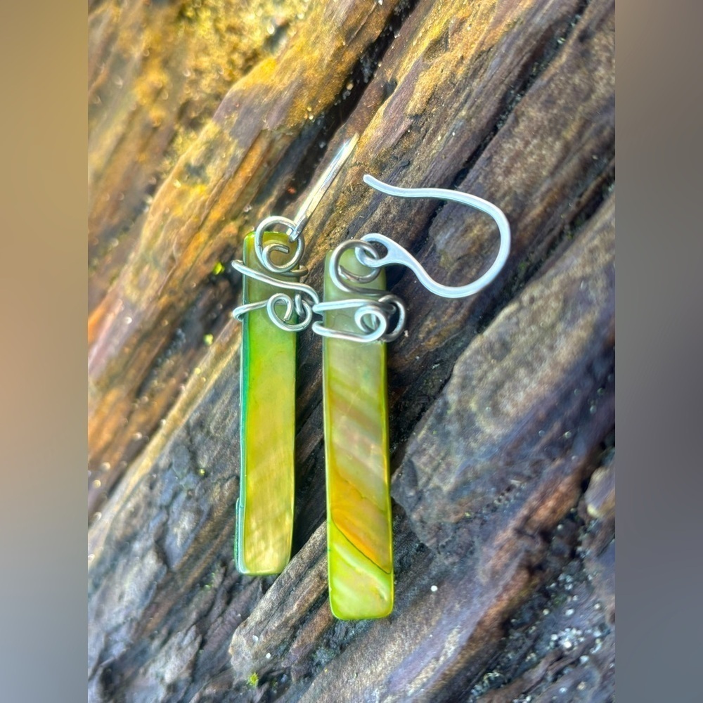 ARTISAN HandCrafted One of a Kind Pearly Green Shell Wrapped Earrings 2.5in Long